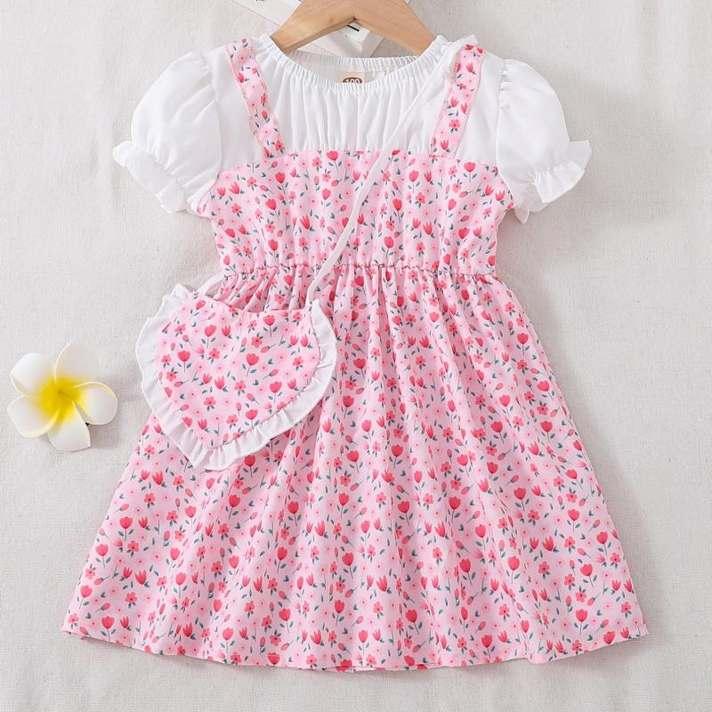 Toddler Girls Floral Dress Suit Short Sleeve A line Dress Pretty Heart Bag Set