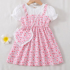 Toddler Girls Floral Dress Suit Short Sleeve A line Dress Pretty Heart Bag Set
