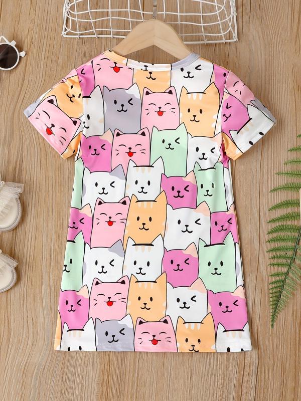 Cat Graphic Casual T-shirt Dress for Toddler Girls