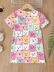 Cat Graphic Casual T-shirt Dress for Toddler Girls