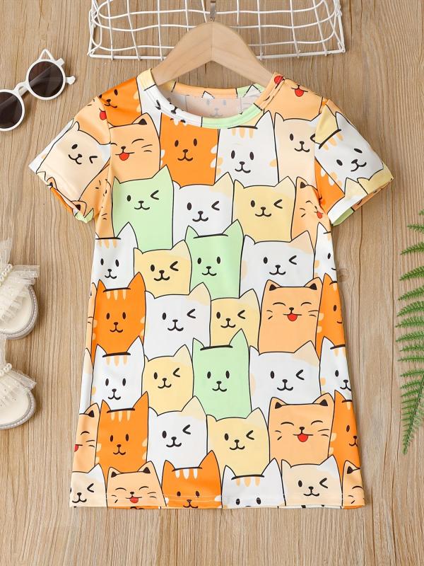 Cat Graphic Casual T-shirt Dress for Toddler Girls