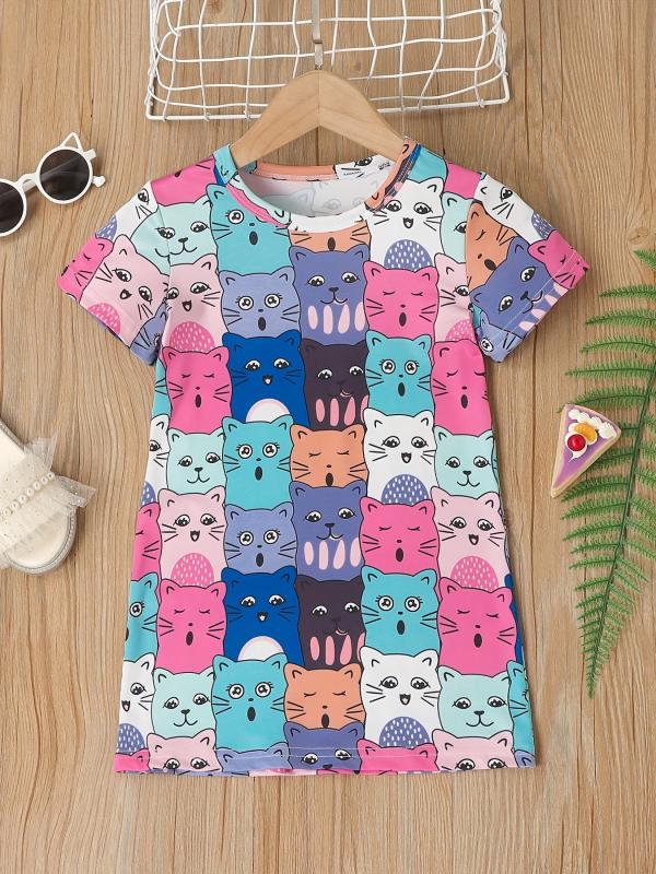 Cat Graphic Casual T-shirt Dress for Toddler Girls