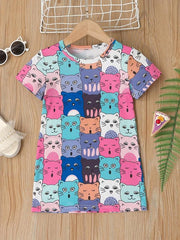 Cat Graphic Casual T-shirt Dress for Toddler Girls