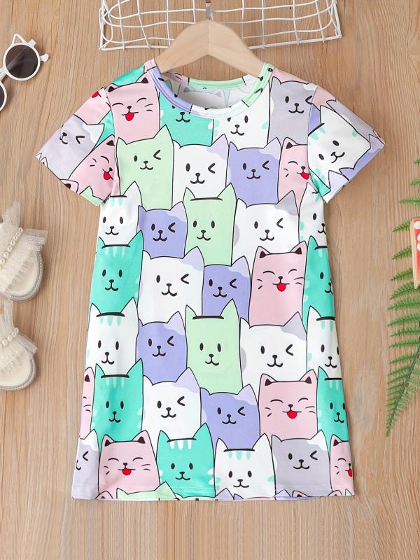 Cat Graphic Casual T-shirt Dress for Toddler Girls