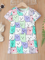 Cat Graphic Casual T-shirt Dress for Toddler Girls