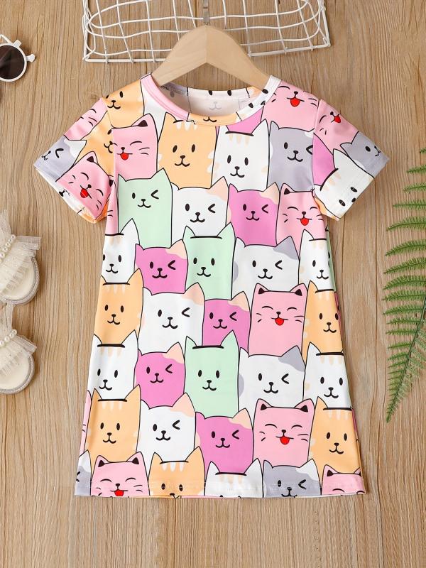 Cat Graphic Casual T-shirt Dress for Toddler Girls