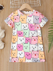 Cat Graphic Casual T-shirt Dress for Toddler Girls