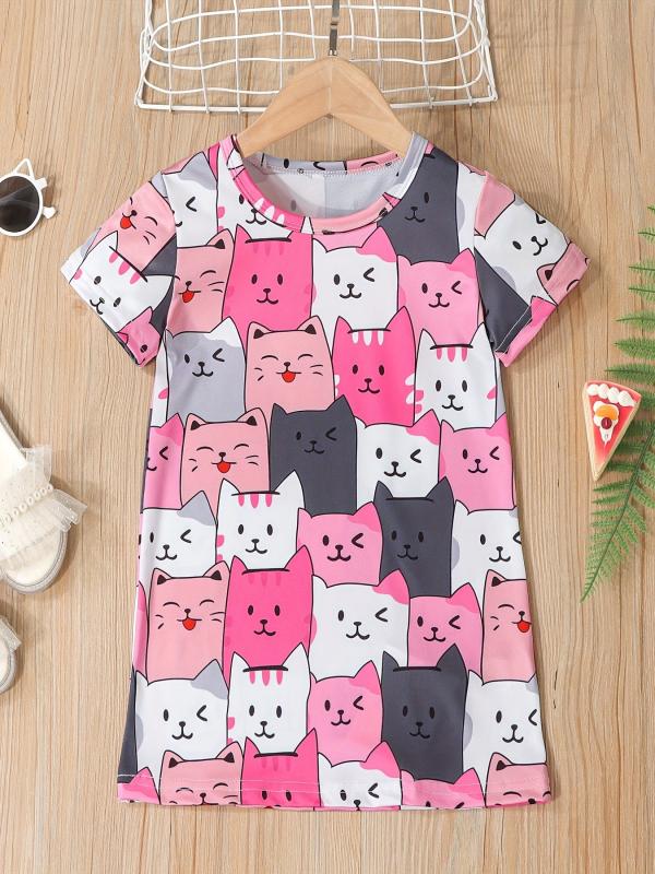 Cat Graphic Casual T-shirt Dress for Toddler Girls