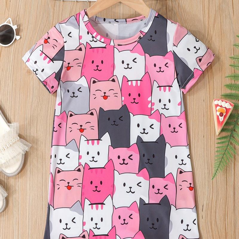 Cat Graphic Casual T-shirt Dress for Toddler Girls