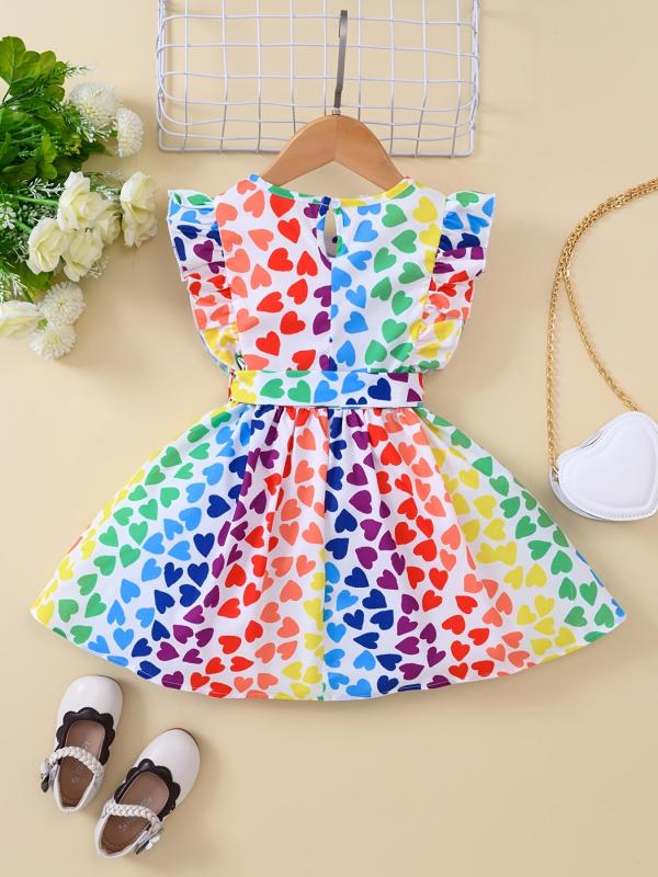 Toddler Girls Sleeveless Ruffle Trim Heart Graphic Belted Princess Dress