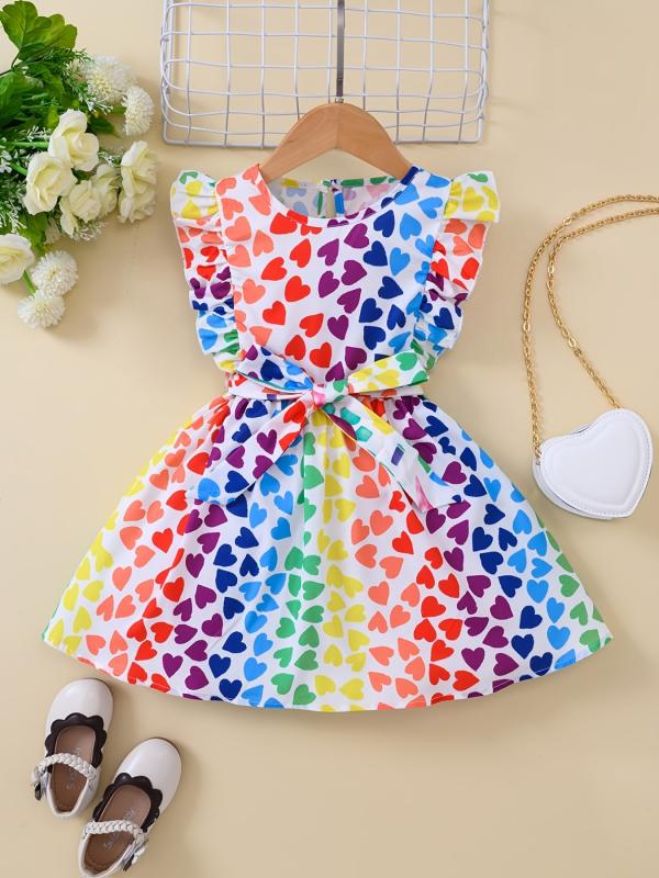 Toddler Girls Sleeveless Ruffle Trim Heart Graphic Belted Princess Dress