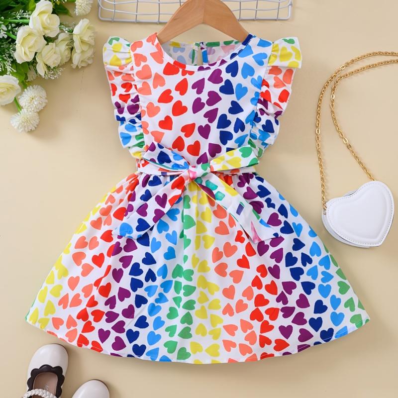 Toddler Girls Sleeveless Ruffle Trim Heart Graphic Belted Princess Dress