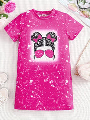 Toddler Girls Bow Figure Pattern Crew Neck T shirt Dress