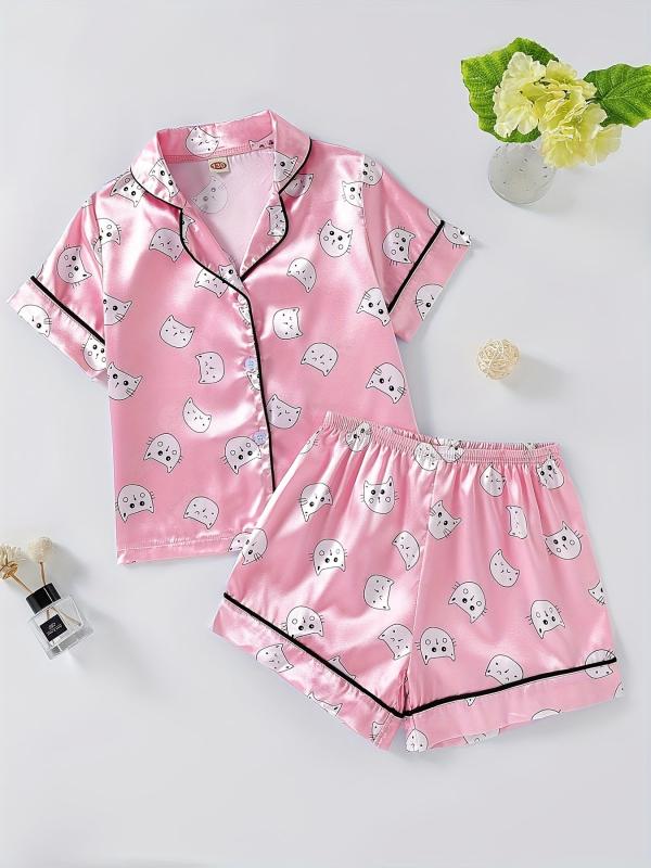 Girls Pajamas Set Kitty Print Shorts & Blouse Home Lounge Wear Summer