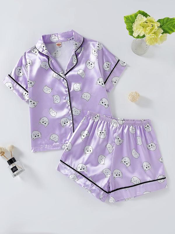 Girls Pajamas Set Kitty Print Shorts & Blouse Home Lounge Wear Summer