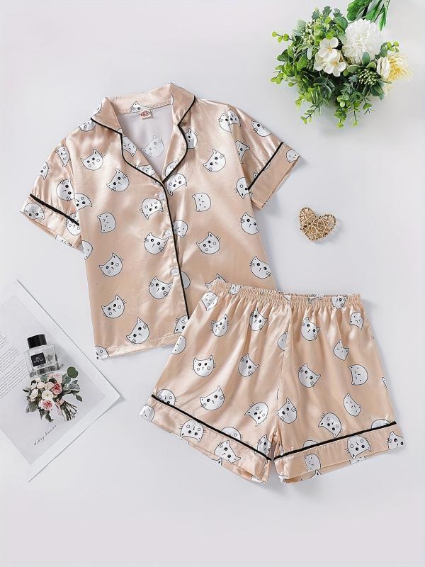 Girls Pajamas Set Kitty Print Shorts & Blouse Home Lounge Wear Summer