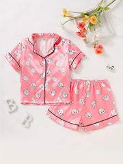 Girls Pajamas Set Kitty Print Shorts & Blouse Home Lounge Wear Summer