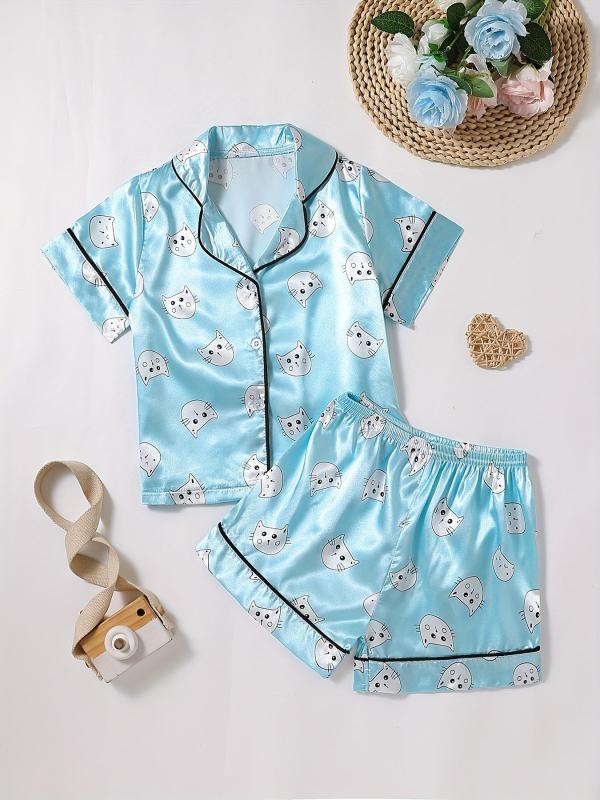 Girls Pajamas Set Kitty Print Shorts & Blouse Home Lounge Wear Summer