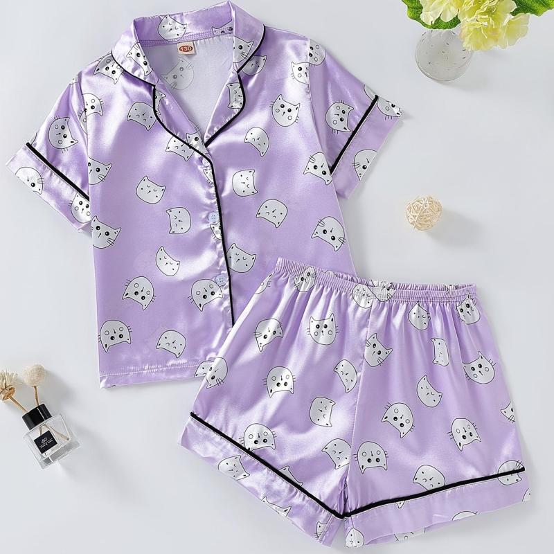 Girls Pajamas Set Kitty Print Shorts & Blouse Home Lounge Wear Summer