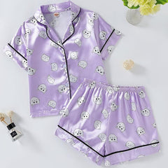 Girls Pajamas Set Kitty Print Shorts & Blouse Home Lounge Wear Summer