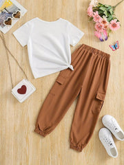 2pcs Toddler Girls Flowers & Butterfly Graphic T Shirts & Cargo Pants Set