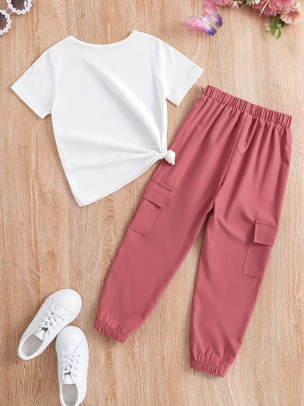 2pcs Toddler Girls Flowers & Butterfly Graphic T Shirts & Cargo Pants Set