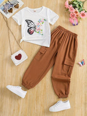 2pcs Toddler Girls Flowers & Butterfly Graphic T Shirts & Cargo Pants Set