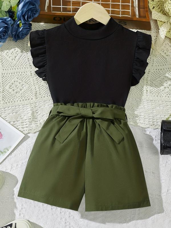 Girls 2 Piece Summer Outfit Ruffle Sleeve Top And Belted Waist Shorts Set