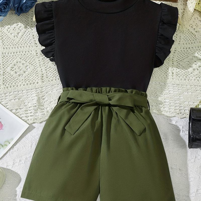 Girls 2 Piece Summer Outfit Ruffle Sleeve Top And Belted Waist Shorts Set