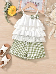 2pcs Girls Ruffles Flower Hollow Bow Top & Plaid Shorts Set