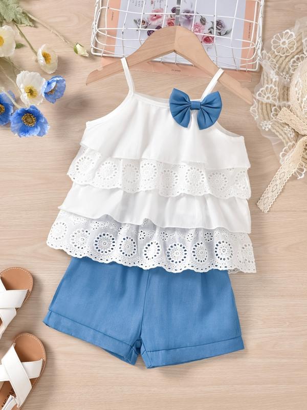 2pcs Girls Ruffles Flower Hollow Bow Top & Plaid Shorts Set
