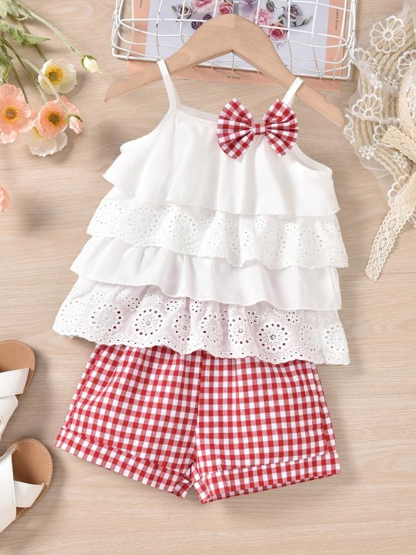 2pcs Girls Ruffles Flower Hollow Bow Top & Plaid Shorts Set
