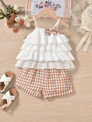 2pcs Girls Ruffles Flower Hollow Bow Top & Plaid Shorts Set