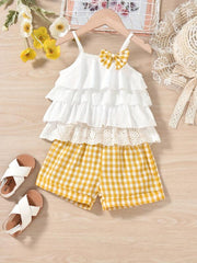 2pcs Girls Ruffles Flower Hollow Bow Top & Plaid Shorts Set