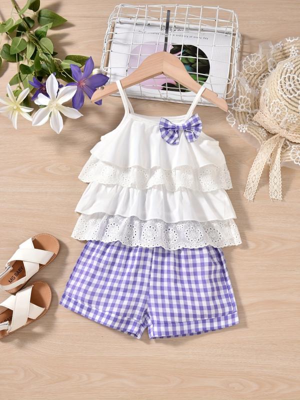 2pcs Girls Ruffles Flower Hollow Bow Top & Plaid Shorts Set