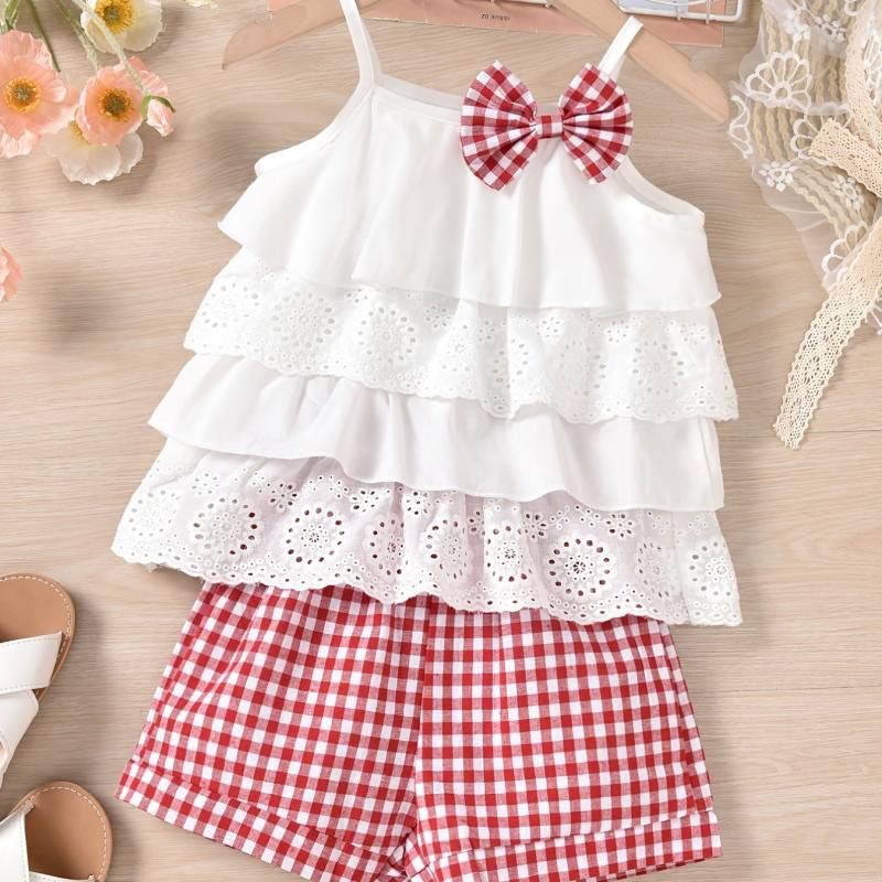 2pcs Girls Ruffles Flower Hollow Bow Top & Plaid Shorts Set