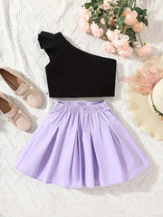Girls Off Shoulder Top & Pleated Skirt Set For Kids
