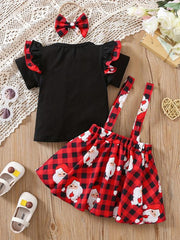 3pcs Girls Flying Sleeve Top & Red Polka Dot Suspender Skirt Set