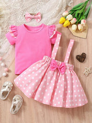 3pcs Girls Flying Sleeve Top & Red Polka Dot Suspender Skirt Set