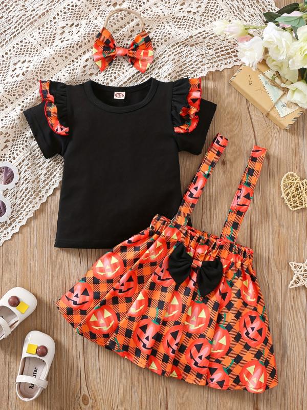 3pcs Girls Flying Sleeve Top & Red Polka Dot Suspender Skirt Set