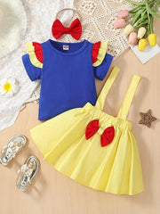 3pcs Girls Flying Sleeve Top & Red Polka Dot Suspender Skirt Set