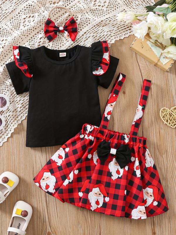3pcs Girls Flying Sleeve Top & Red Polka Dot Suspender Skirt Set