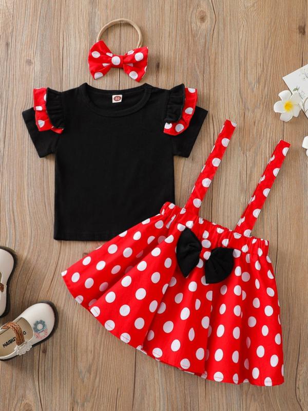 3pcs Girls Flying Sleeve Top & Red Polka Dot Suspender Skirt Set