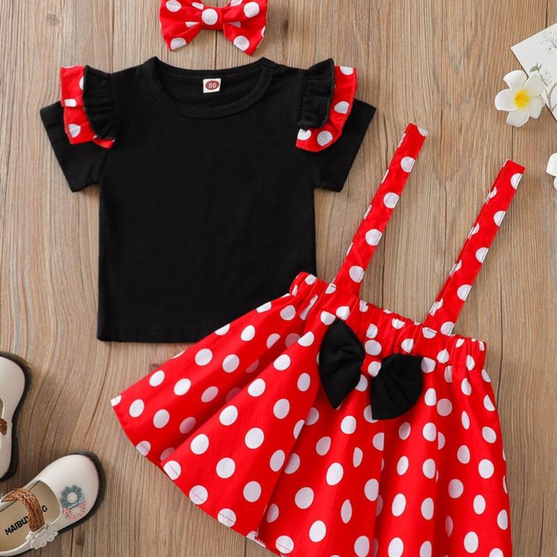 3pcs Girls Flying Sleeve Top & Red Polka Dot Suspender Skirt Set