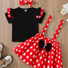 3pcs Girls Flying Sleeve Top & Red Polka Dot Suspender Skirt Set