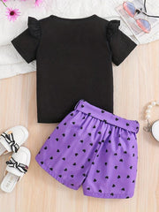 2pcs Toddler Girls Cartoon Bow Cat Ruffle Trim T Shirts & Shorts