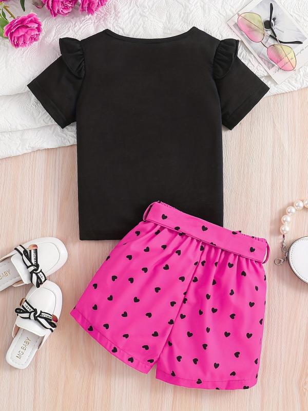 2pcs Toddler Girls Cartoon Bow Cat Ruffle Trim T Shirts & Shorts