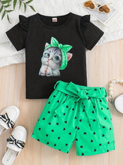 2pcs Toddler Girls Cartoon Bow Cat Ruffle Trim T Shirts & Shorts