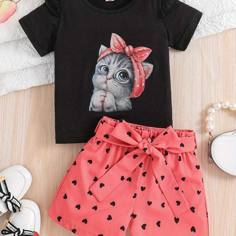 2pcs Toddler Girls Cartoon Bow Cat Ruffle Trim T Shirts & Shorts