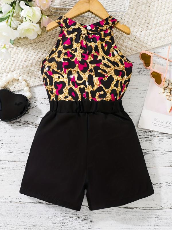 2pcs Girls Leopard Halter Top & Shorts Set Kids Summer Clothes